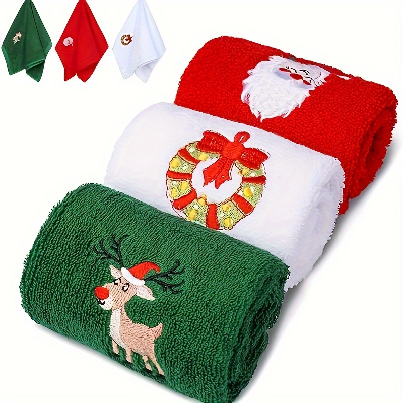 TEMU 3pcs Wongirl Christmas Towels Set - Soft Absorbent Cotton With Santa, Reindeer, And Wreath Holiday Designs For Use