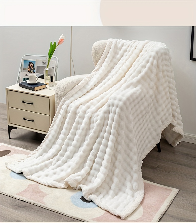 luxurious white bubble fleece blanket   polyester   knit fabric soft and cozy for living room office bedroom camping pet versatile throw contemporary style 250 300gsm ideal birthday gift details 2