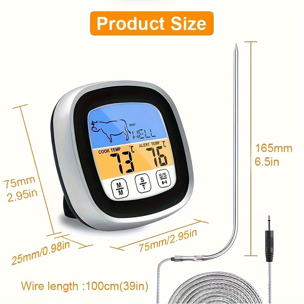 1pc Digital Meat Thermometer With Large Touch Screen, Stainless Steel Probe, And Bbq Timer - In And , Perfect For Grilling, Cooking, Baking, And More