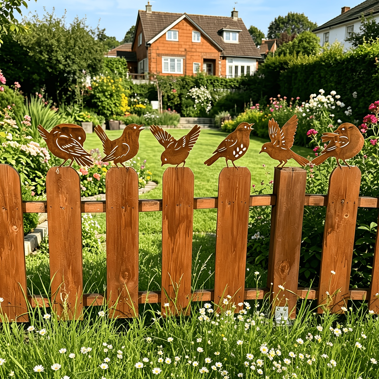 TEMU Vintage Rustic Bird Fence Decor 6pcs Outdoor Iron Garden Sculptures 2d Bird Art For Yard Garden Wall Desktop Decorations Natural Rusting Garden