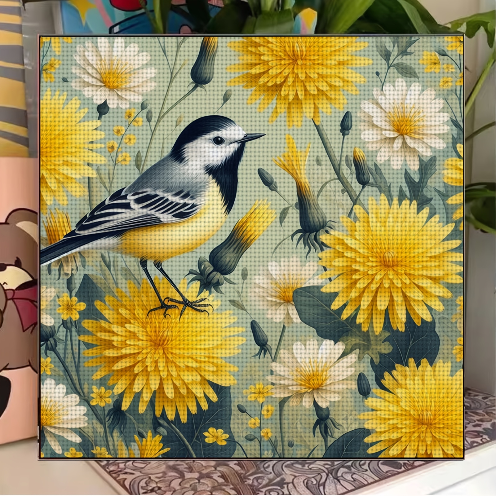 Complete DIY Cross Stitch Kit - 'Yellow Bird Perched on Yellow Flower'