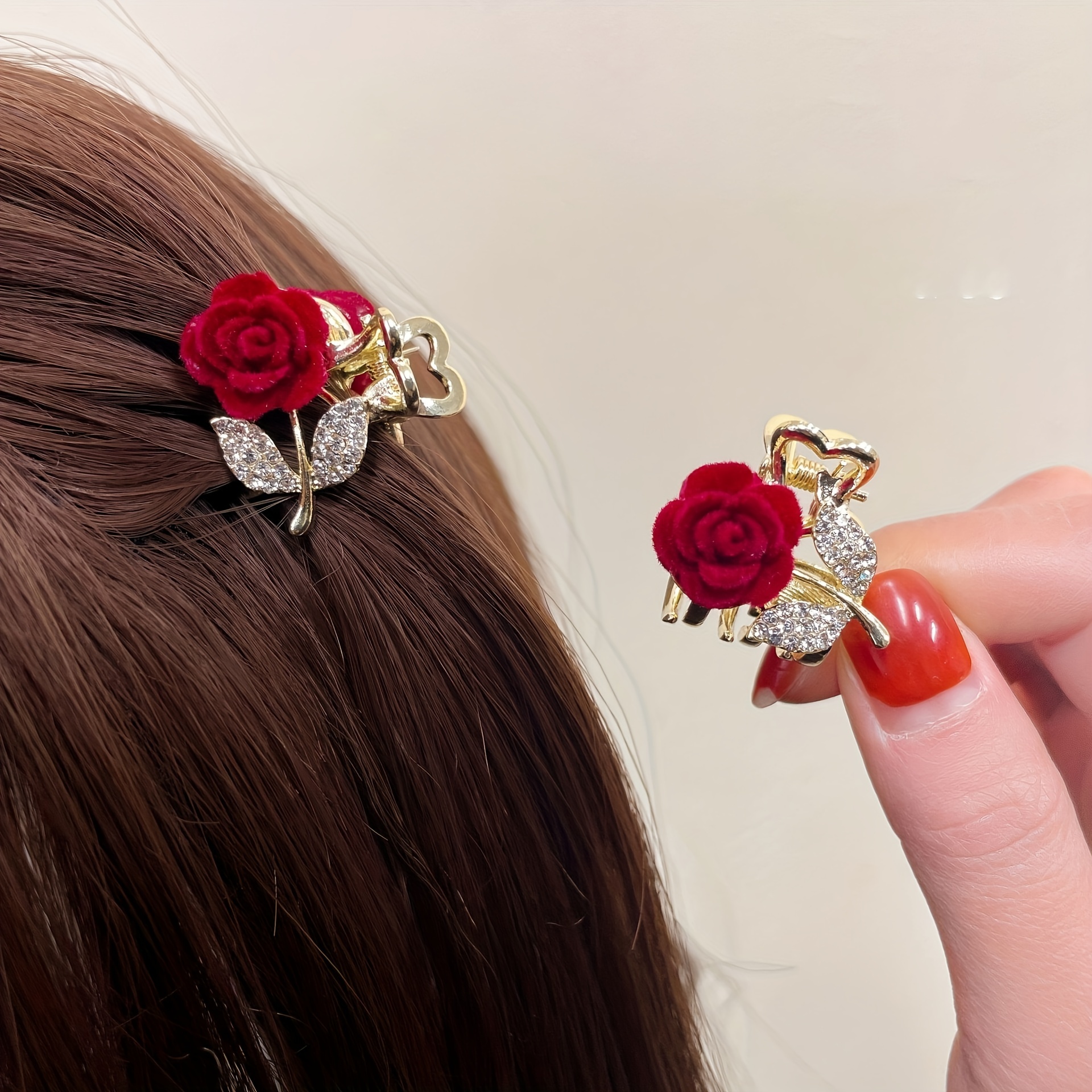 

2pcs Elegant Sparkling Rhinestone Rose Flower Decorative Hair Grab Clips Vintage Hair Barrettes For Women And Daily Use Wear