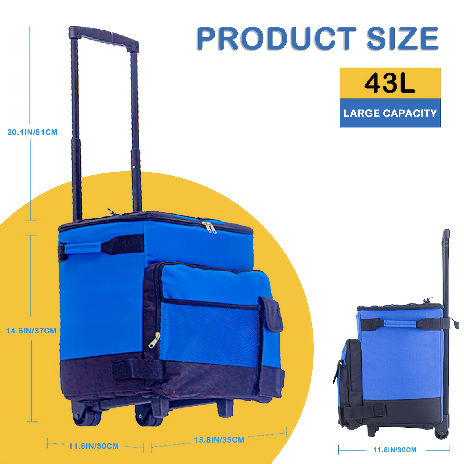 11.36gal Large Heavy-Duty Leakproof Insulated Cooler with All-Terrain Wheels - Extra Wide Opening, Side Pockets - Heavy-Duty Construction for Camping, Beach, Tailgating, Parties - Ideal Gift for Dad, Father's Day, Outdoor Adventures, Party Supplies, Sturdy Handle, Durable Build, Rolling Cart, Party Hosts