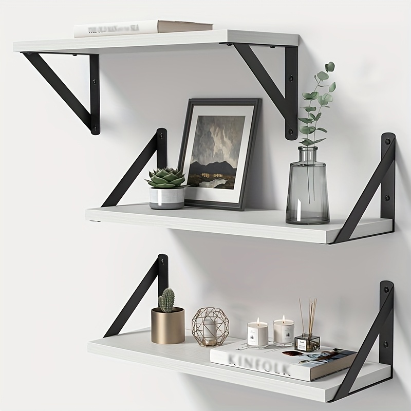 Image of Set Of 3 Wall-mounted Floating Shelves, Each 16 Inches Long, Made Of Wood. Ideal For Hanging In The Bathroom, Bedroom, Or Kitchen, In Rustic Brown, White