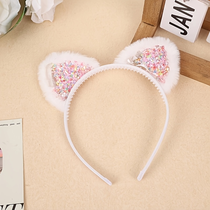 TEMU 1pc Autumn Winter Plush Glitter Sequin Cat Ear Headband | Cute Holiday Party Dress-up Hair Additions, Elegant And Style
