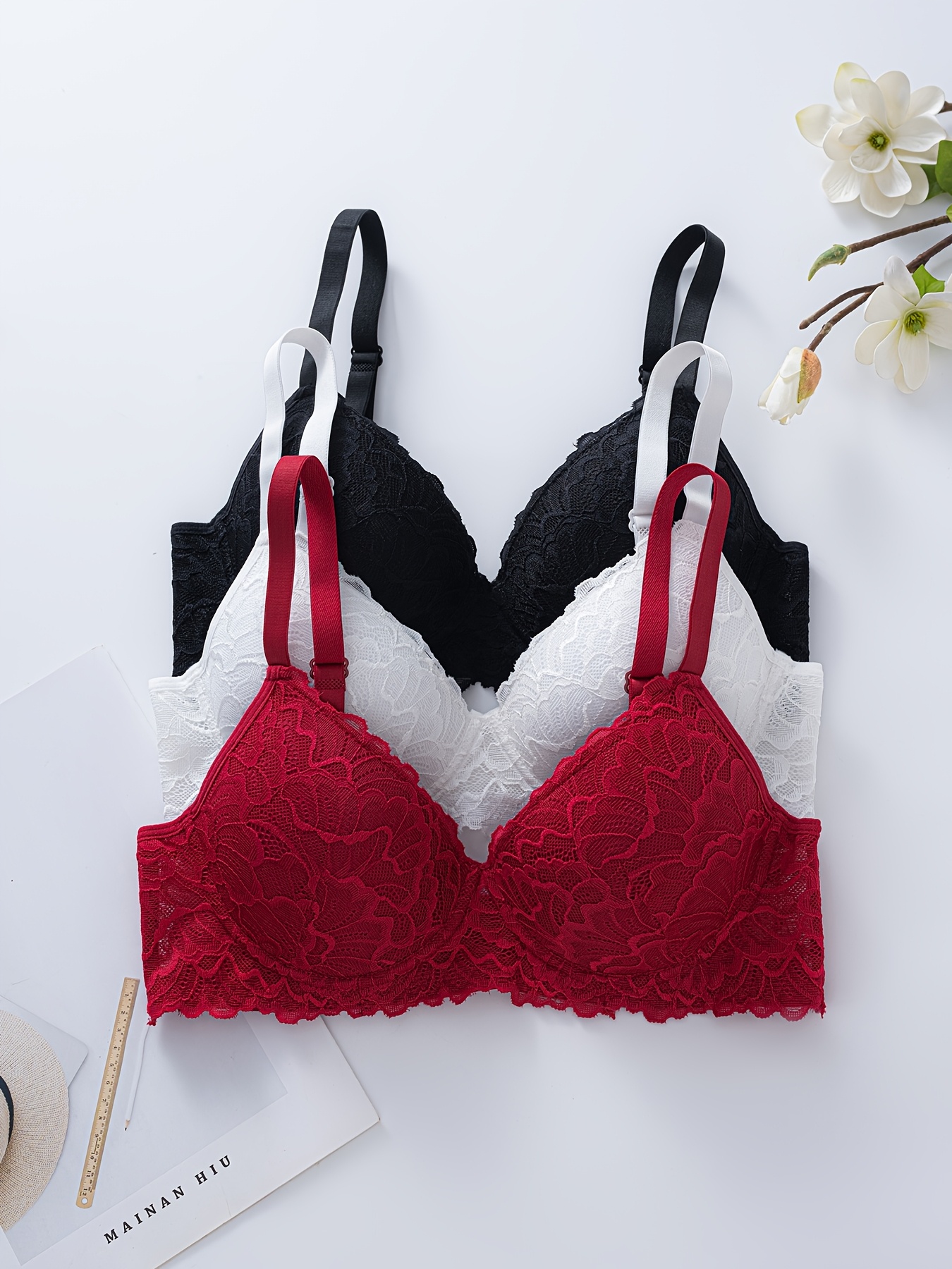 3pcs Women'S Push-Up Bra Set with Contrast Lace Detailing High Support,  Non-Removable Pads, Underwire, Comfortable Breathable for Valentine'S Day