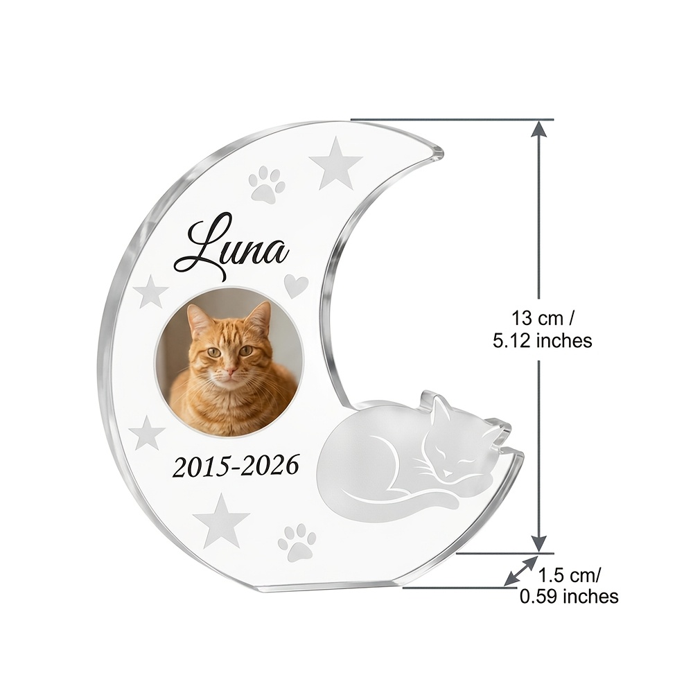 TEMU Personalized Cat Memorial Plaque With Custom Pet Photo & Name - Moon-shaped Acrylic Keepsake Suitable For Cat Lovers, , Stars, Name/years/photo