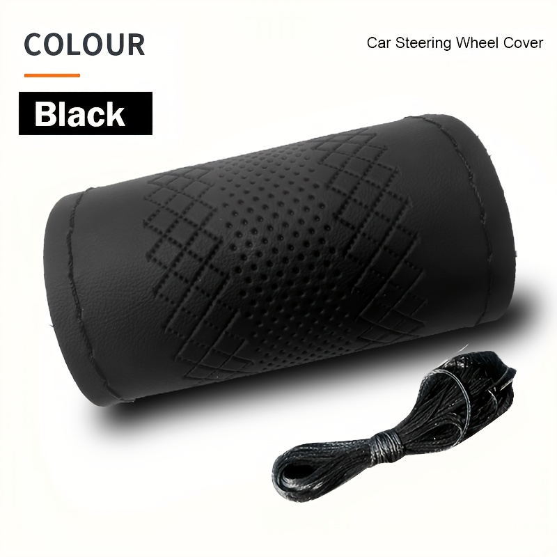 TEMU 1pc Faux Leather Hand-stitched Car Steering Wheel Cover (with 1pc Blunt Needle And 1pc Sewing Thread), Car Handle Cover, Stitching Design