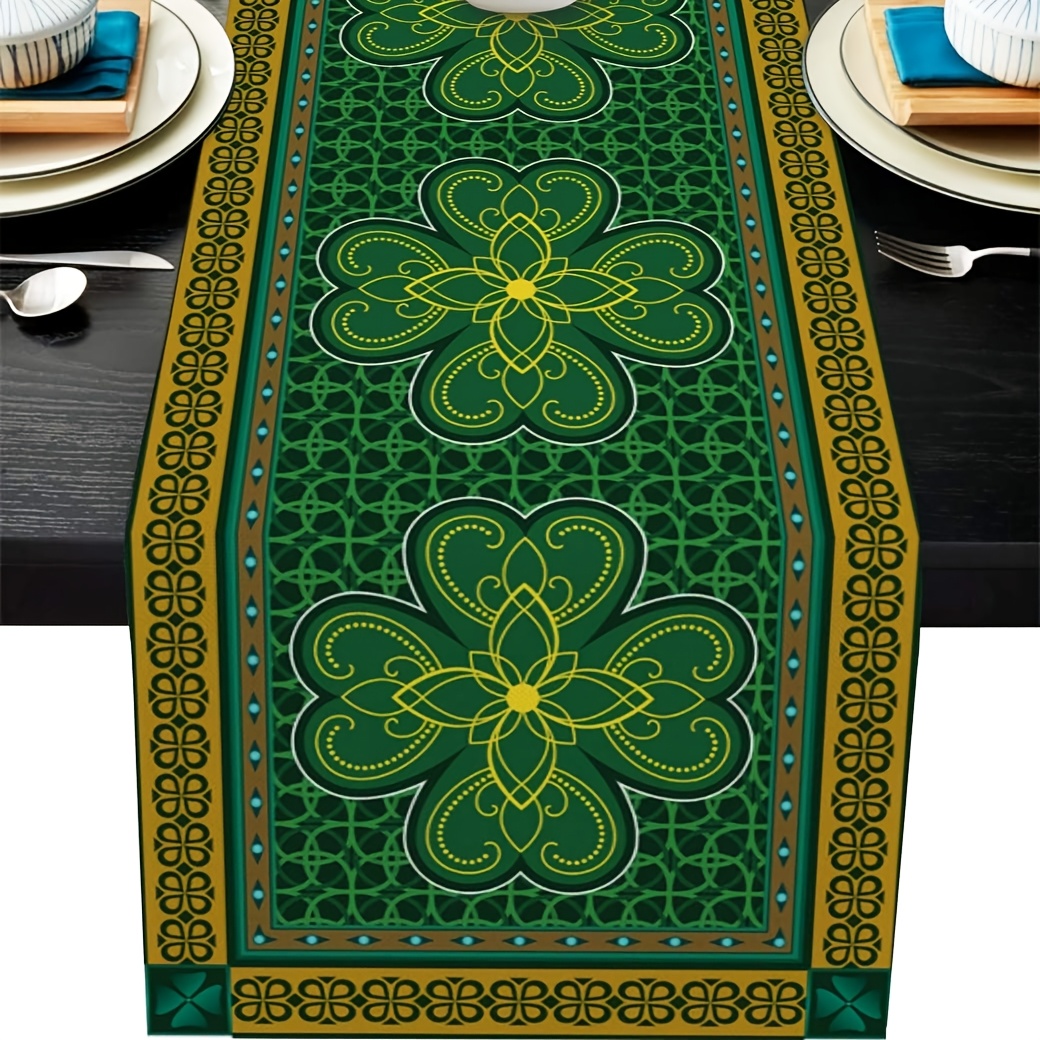 

1pc Vintage Clover Shamrocks Linen Table Runner - Non-slip Woven Farmhouse Decor For 's Day, Weddings, Holiday Parties - 100% Linen, Rectangular Dresser Runner