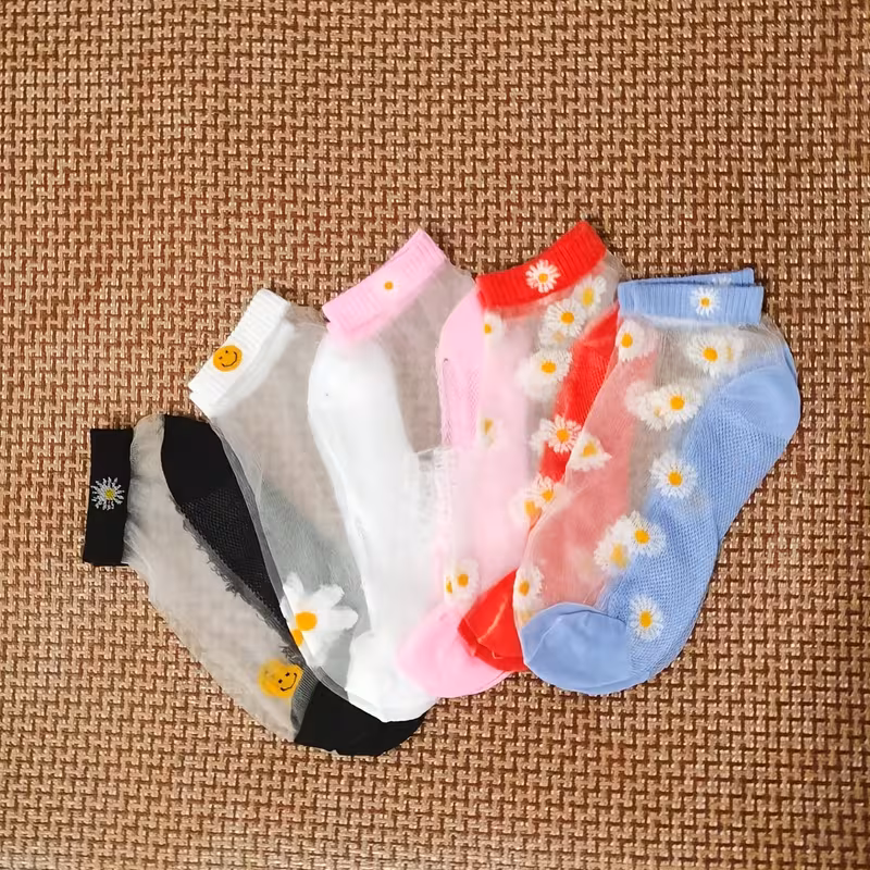 Print Transparent Ankle Socks – 5 Pair Set” 5 pairs of floral print short socks breathable lightweight transparent socks womens crystal stockings and socks 5 pairs of mixed colors 5