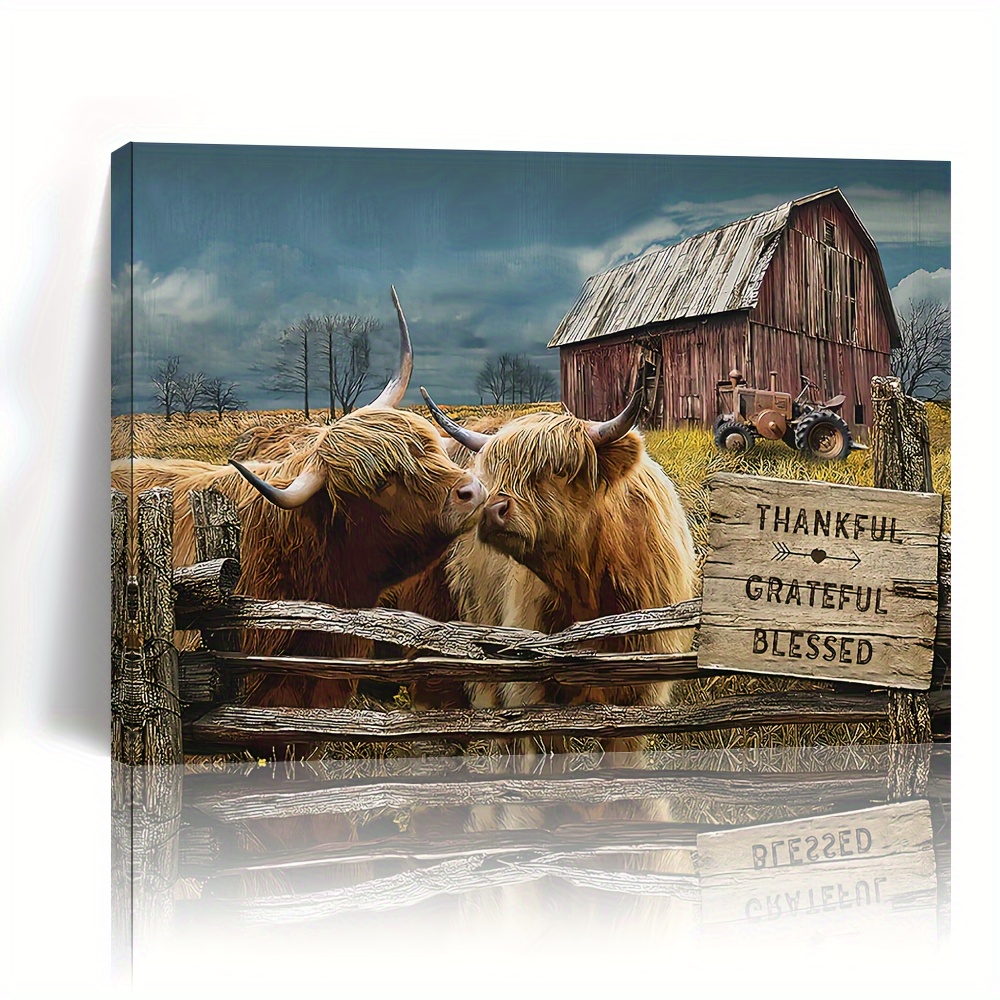 

1pc Wooden Framed Canvas Painting Farmhouse Highland Cow Country Cow Barn Truck Wall Art Prints For Home Decoration, Living Room&bedroom, Festival Gift For Her Him, Out Of The Box