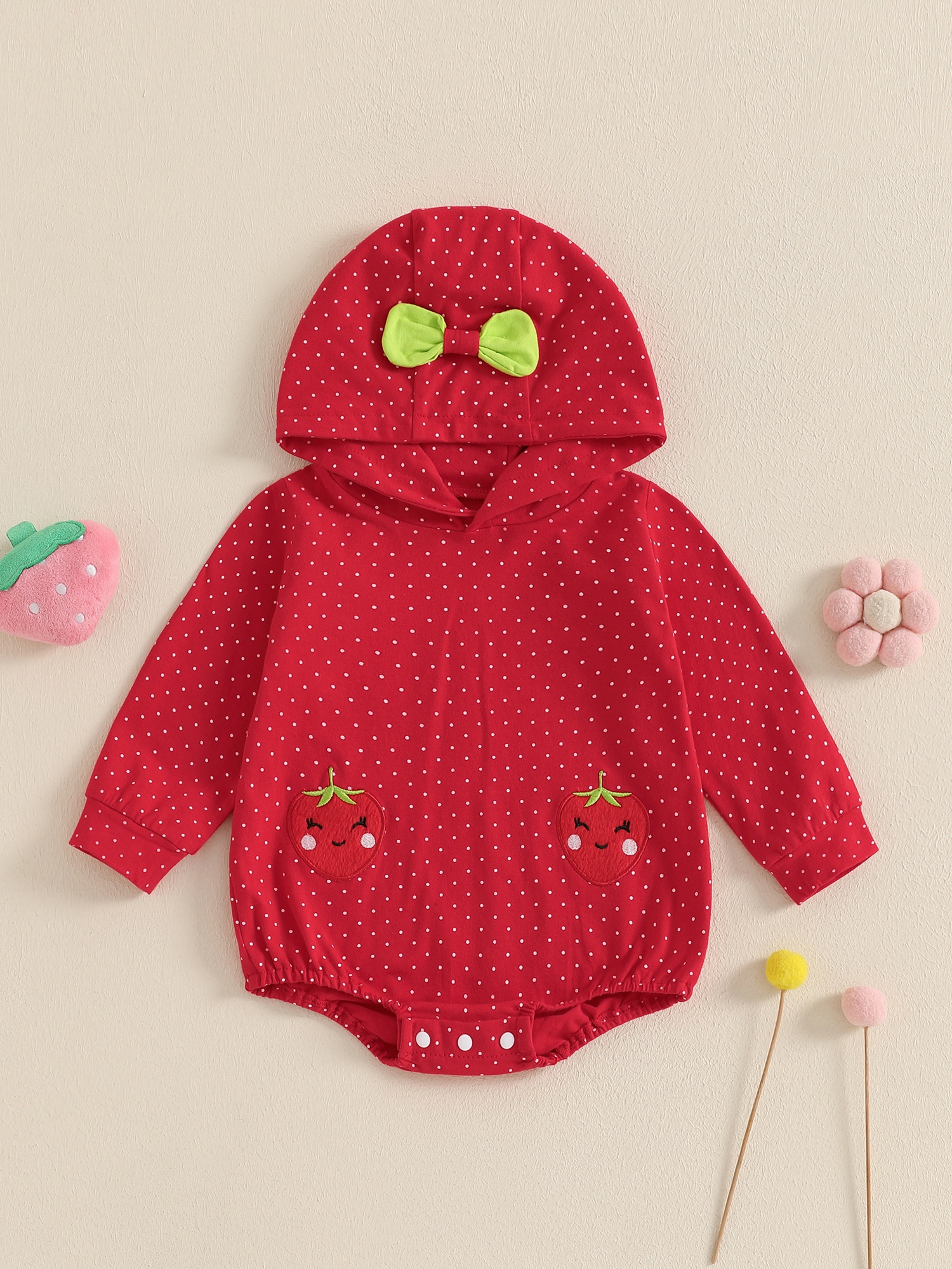 1pc Baby Girls' Red Hooded Romper with Strawberry Embroidery, Long Sleeve  Cotton Blend Jumpsuit for Newborn to 24 Months Kni