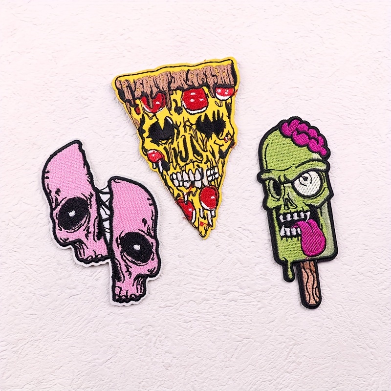 

3pcs Hip Hop Punk Skull & Pizza Patches - Vibrant Iron-on Fabric Badges For And Accessory Decoration, Punk Accessories