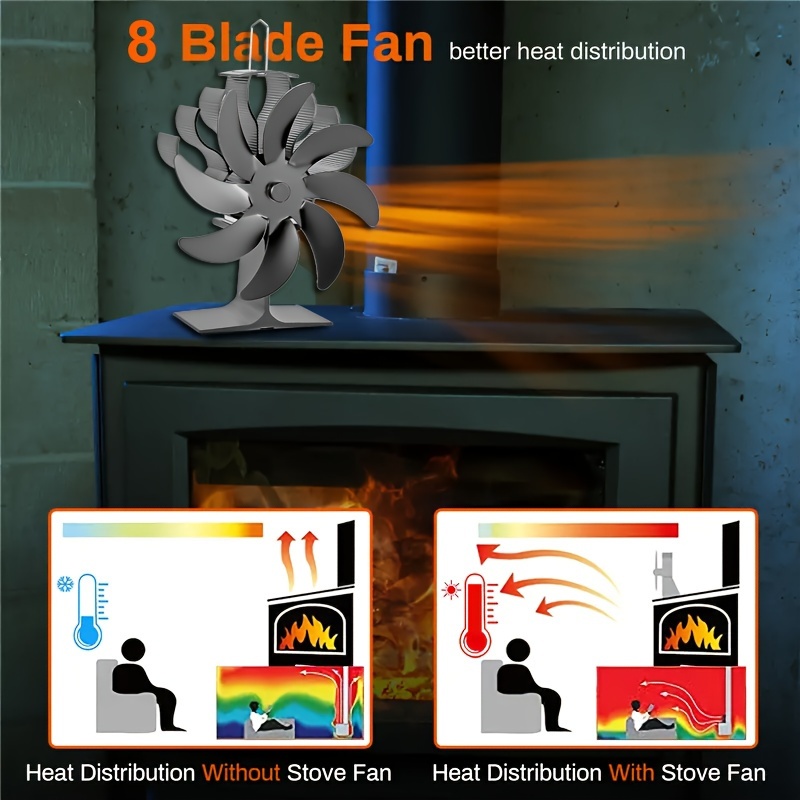 aluminum 8 blade stove fan for wood burning fireplaces high speed silent operation heat powered circulating table fan for air circulation no electricity required accessory kit included painted finish household heater fan details 3