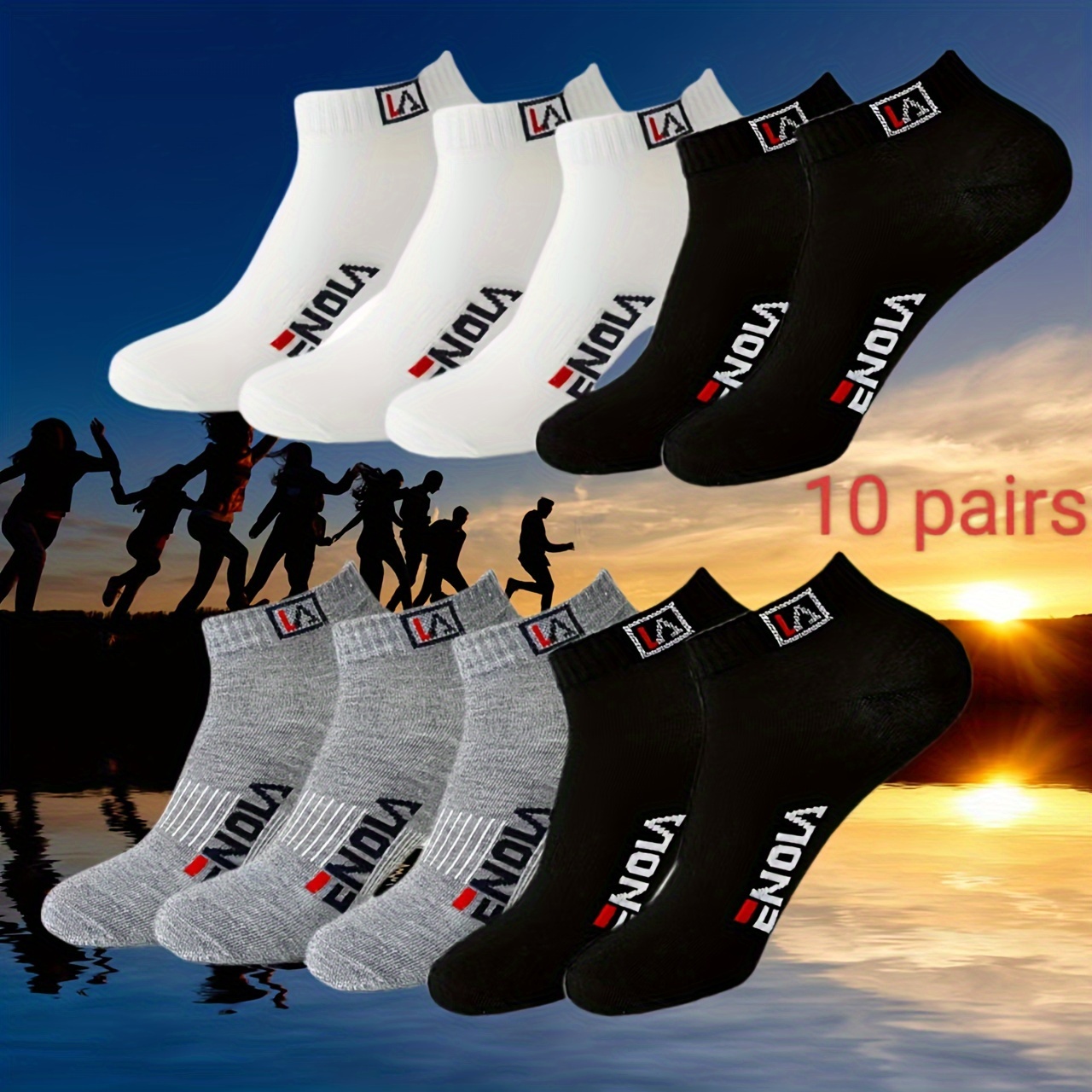 

10 paires de chaussettes décontractées pour hommes, noires/blanches/grises, 97 % polyester, 3 % élasthanne, motif alphabet, , lavage à /, collection printemps/été.