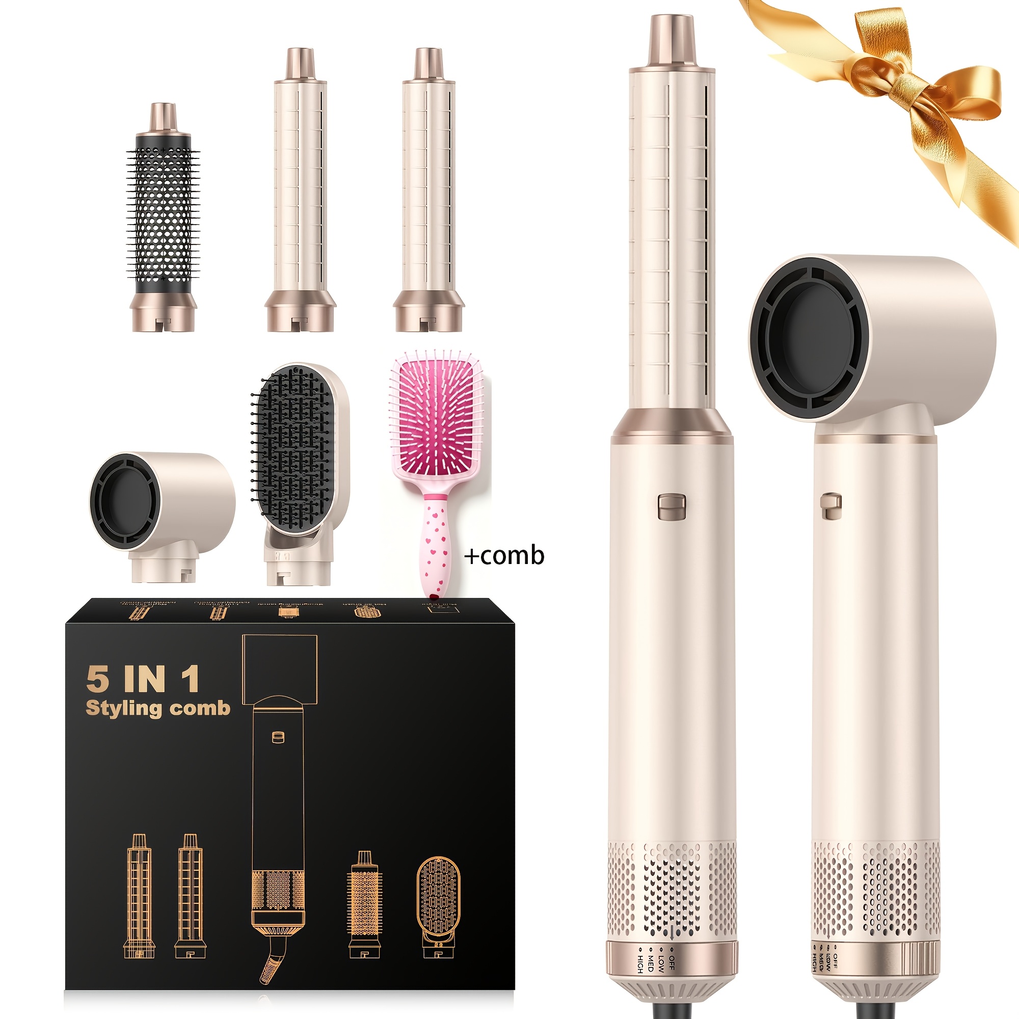 TEMU 5in 1, Hair Styler Set, 5in 1, Hair Styler With Hair Dryer Ion, Hair Dryer, Curling Brush, Straightening Brush, Hot Air Brush For Drying