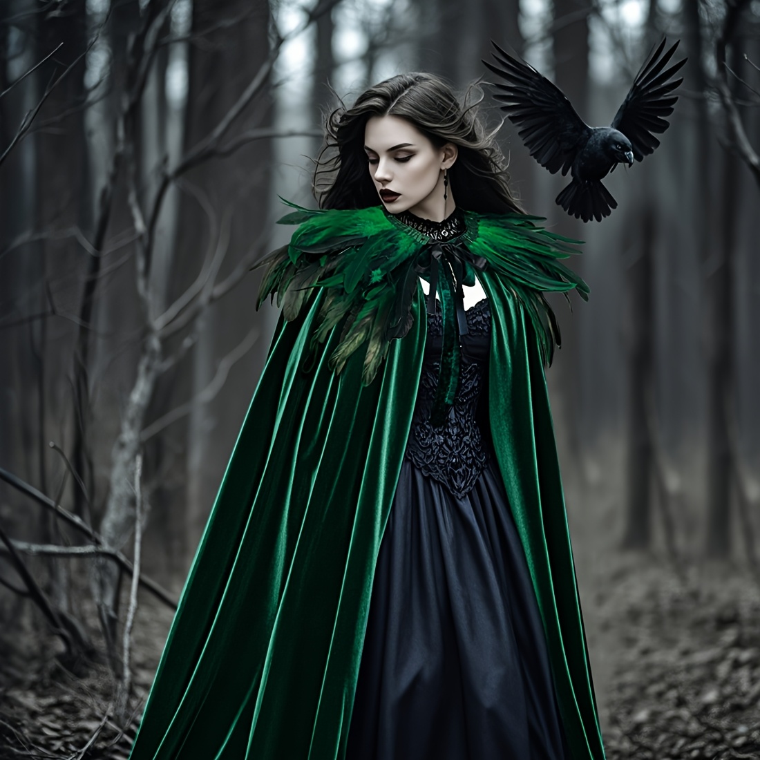 Gothic Witch Costume Set 2pcs Halloween Costume with Black Velvet Cloak  Feather Shawl Costume Dress Up