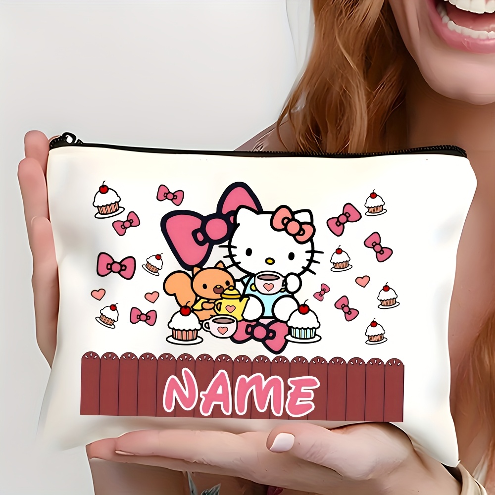 TEMU Customizable Hello Kitty Large Capacity Makeup Bag - Personalized Name, Polyester Travel Cosmetic Pouch With Vibrant Zipper - Ideal For Birthday Gifts & Use, Hello Kitty Bag