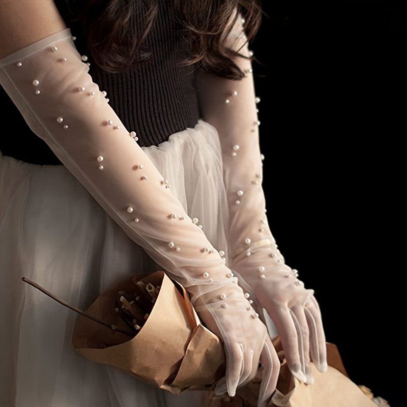 E-shop 1 Paar Neue Verlängerte Braut-Handschuhe, Weiß Vintage Transparentes Mesh Waldstil Ärmelabdeckungen für Hochzeitskleider