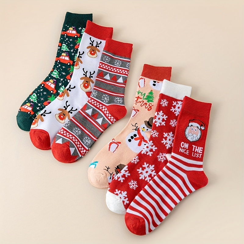 

6pcs Women's Christmas Socks - Reindeer, Santa & Designs | Cozy Mid-calf Polyester | Machine Washable, Christmas Clothes