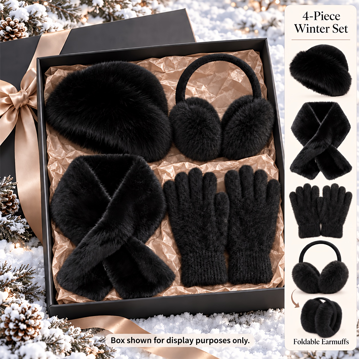 TEMU Winter Plush Warm 4pcs Set: Hat, Scarf, Ear Muffs, And Gloves Combo, Soft And Skin-friendly, Christmas And New Year Gift