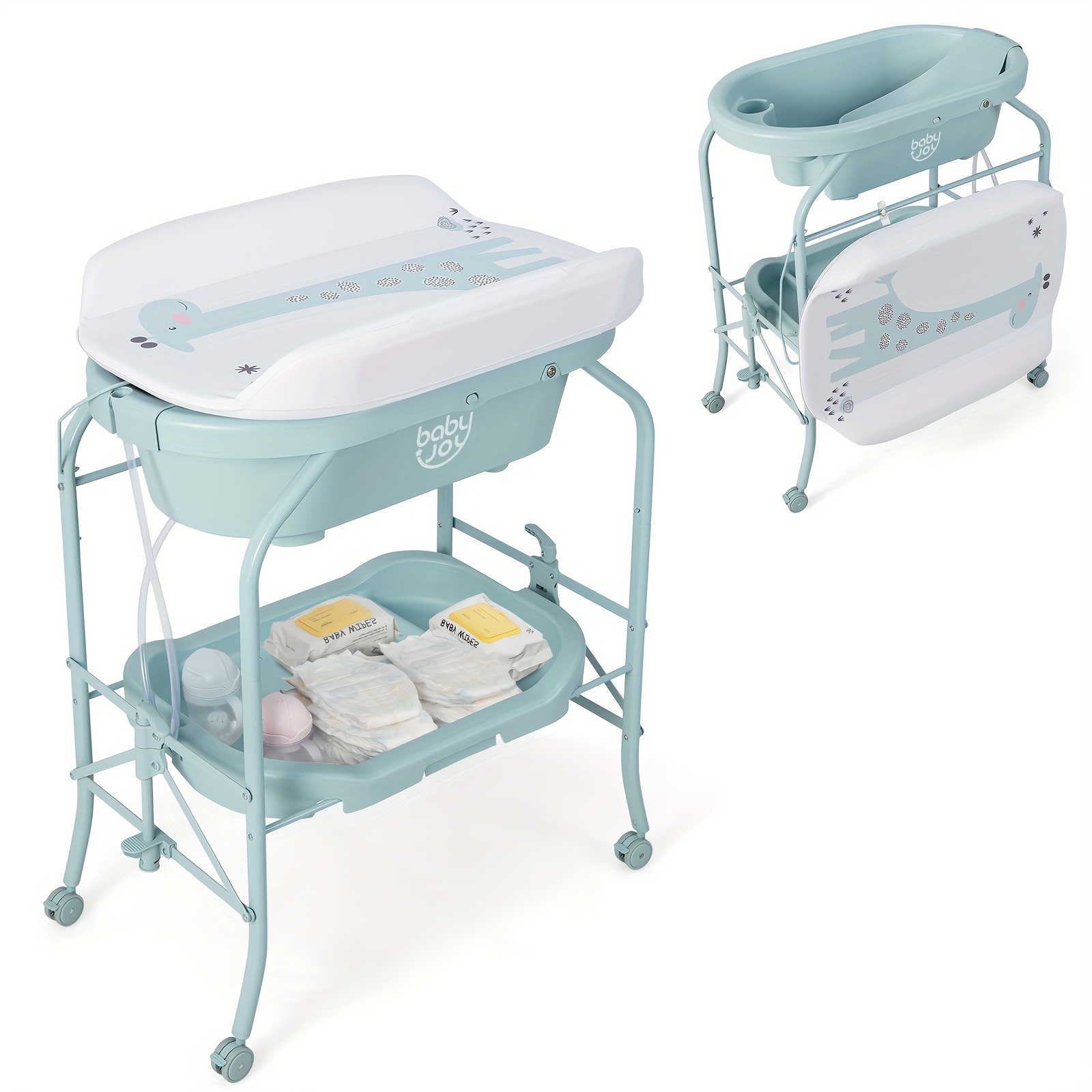 

Baby Changing Table W/bathtub, Folding & Portable Diaper Station W/wheels Blue