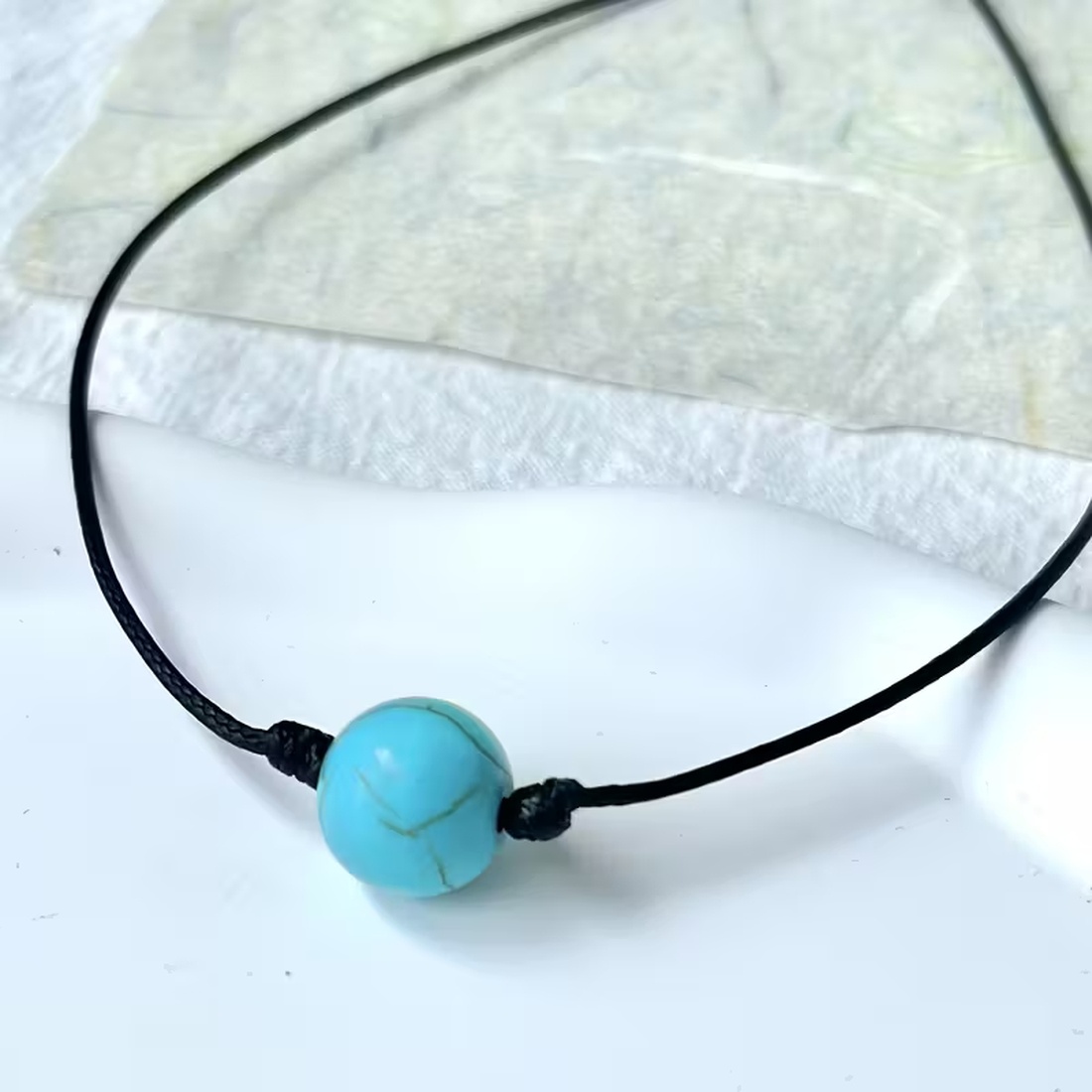 Image of 1pc Boho Elegant Geometric Blue Bead Handmade Woven Necklace - Synthetic Turquoise, Black Cord, Perfect For Daily Wear, Parties, And Gifts, Boho Chic Jewelry