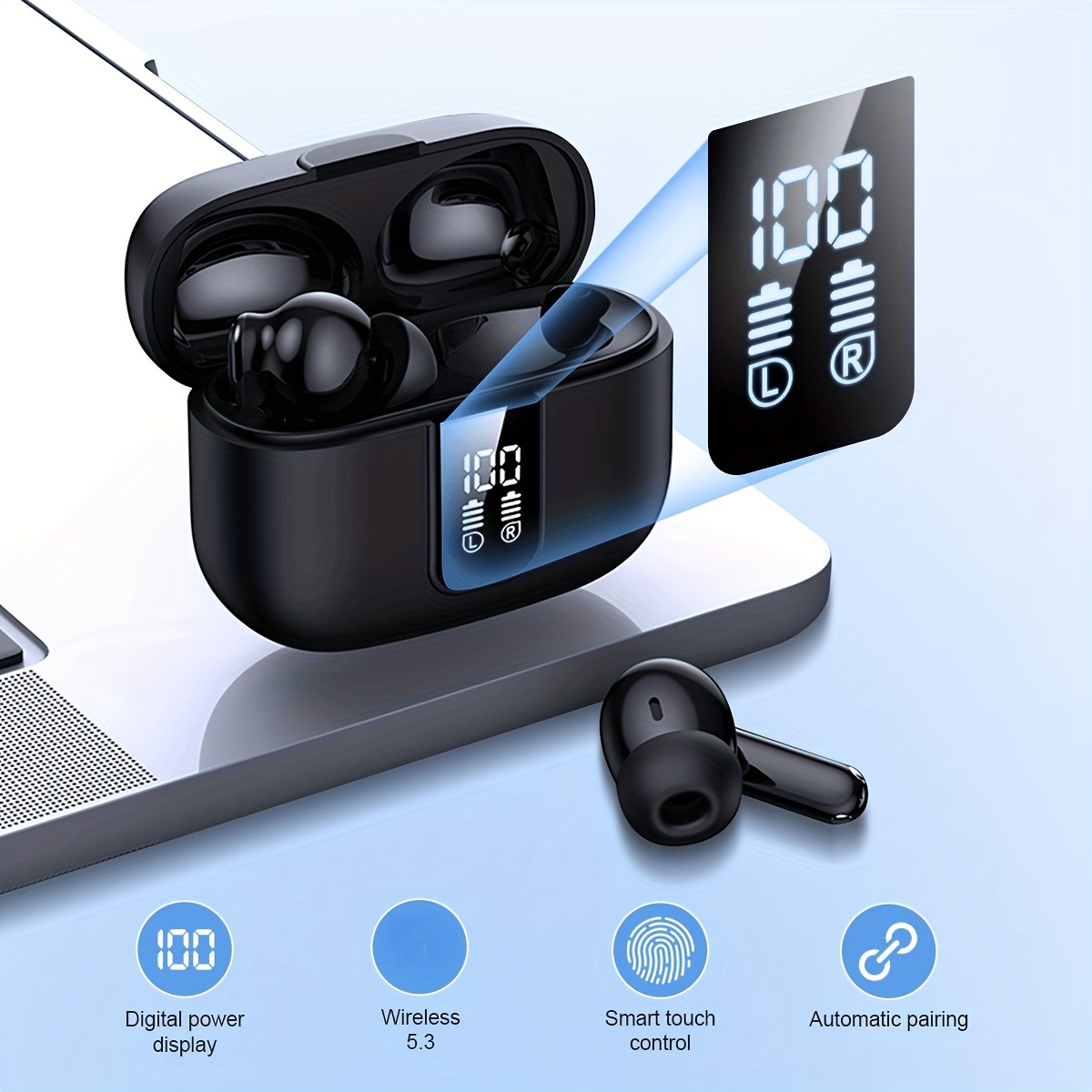 

Wirelss Earbuds With Charging Case, In-ear Headphones With Built-in Microphone, Noise Cancelling, And Led Display For Sports, Travel And Work