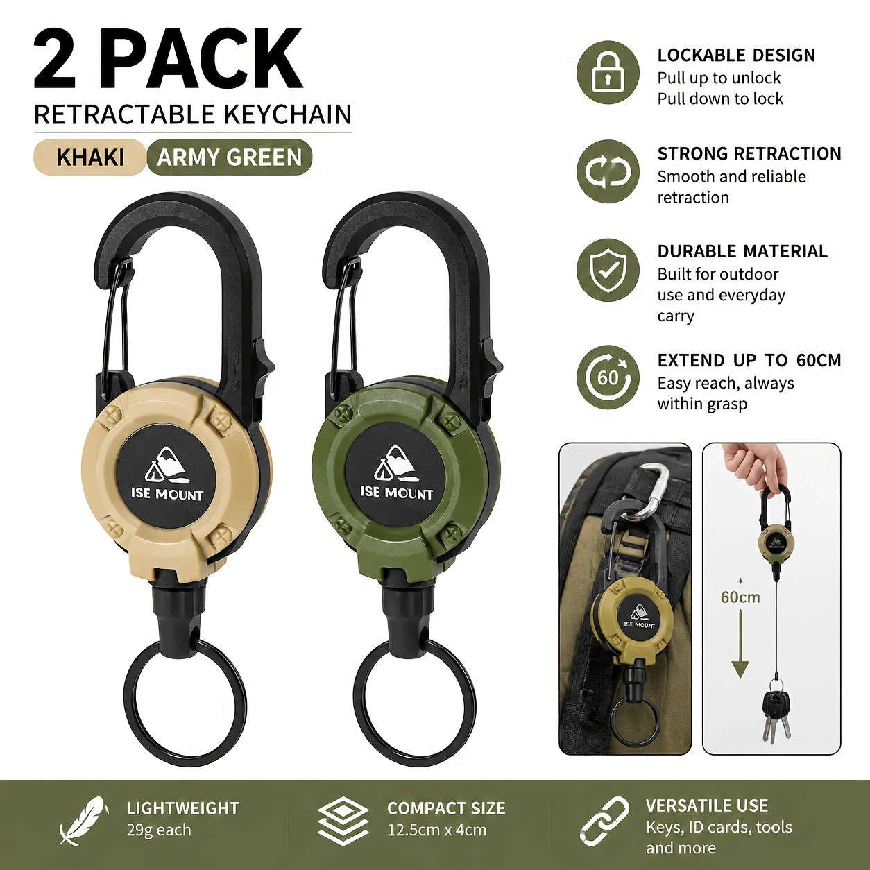 TEMU 2pcs Set Of New With Locking Clasp, Equipped With Retractable Lanyard, Strap, And Carabiner, Suitable For Outdoor Camping, Hiking, And Fishing -