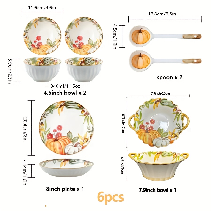 Image of 4/6pcs, Pumpkin Ceramic Bowl/plate/spoon, Rice/noodles/soup Bowl, Steak/salad/fruit Plate, Kitchen And Restaurant Supplies