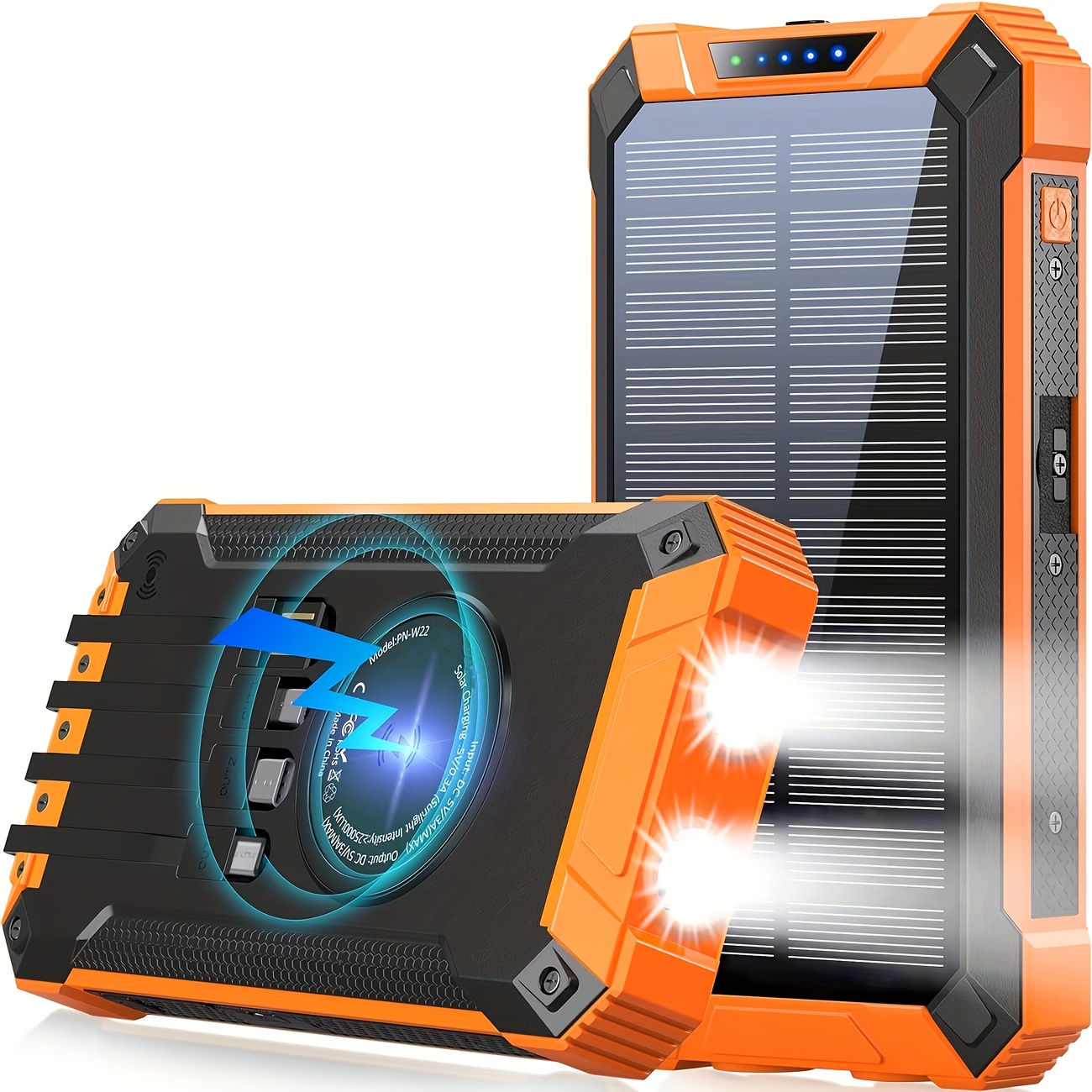 TEMU 20, Solar Power Bank | Portable External Battery For Emergency Charging, Supports Fast Wireless Charging, 4 Usb Ports, Built-in Data Cable, Led