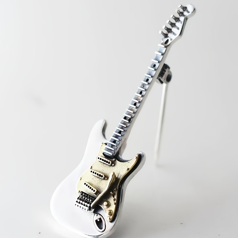 TEMU 1pc Exquisite Miniature Electric Guitar Brooch, Silvery-tone Metal Alloy, Musical Instrument Accessory, Includes Display Stand, Fashion Jewelry