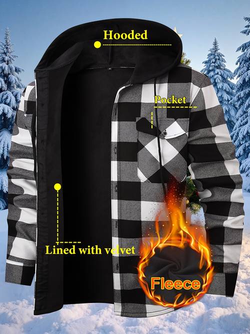 mens loose wrinkle resistant plus thick flannel shirt jacket autumn and winter color retro workwear style hooded jacket outdoor commuting leisure trend gift for boyfriend on valentines day