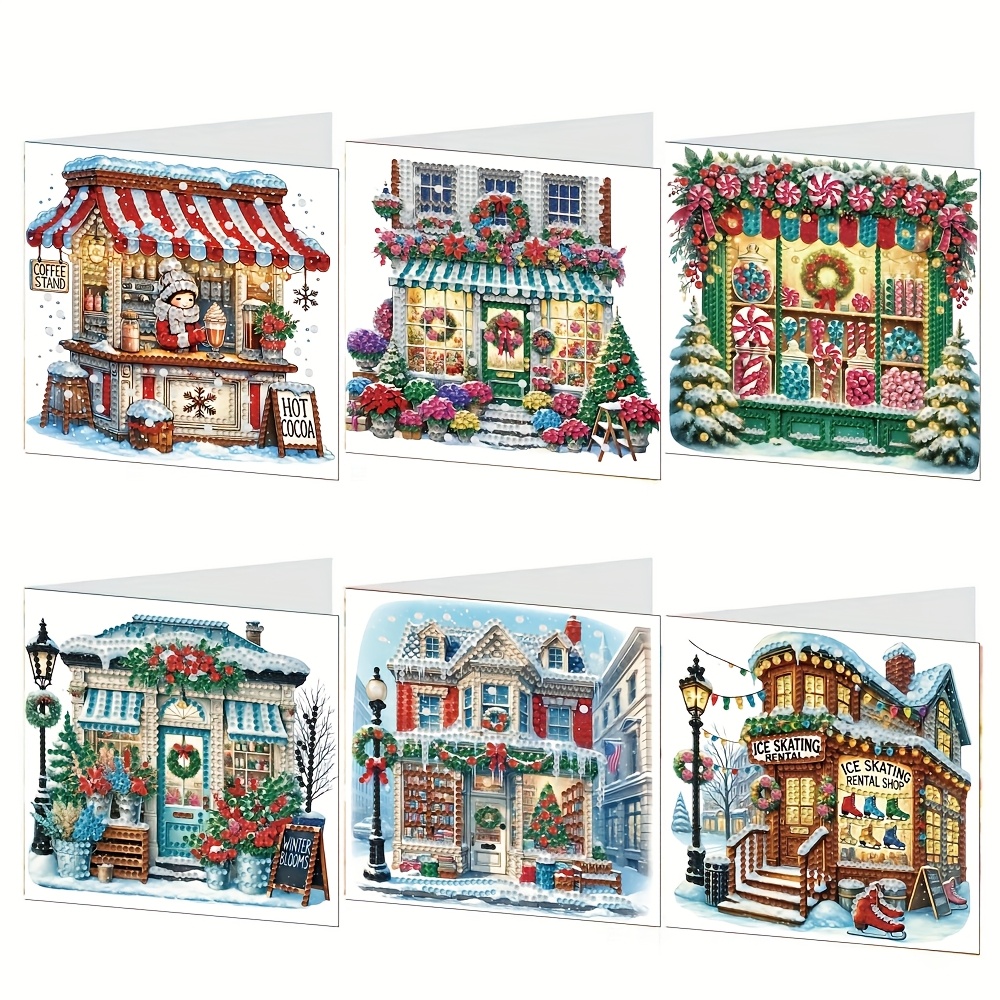 TEMU Set van 6 5D Diamant Schilderen Wenskaarten - Uniek Kerst Cottage Ontwerp, Perfect voor Verjaardagen, Kerstmis, Moederdag en Thanksgiving -