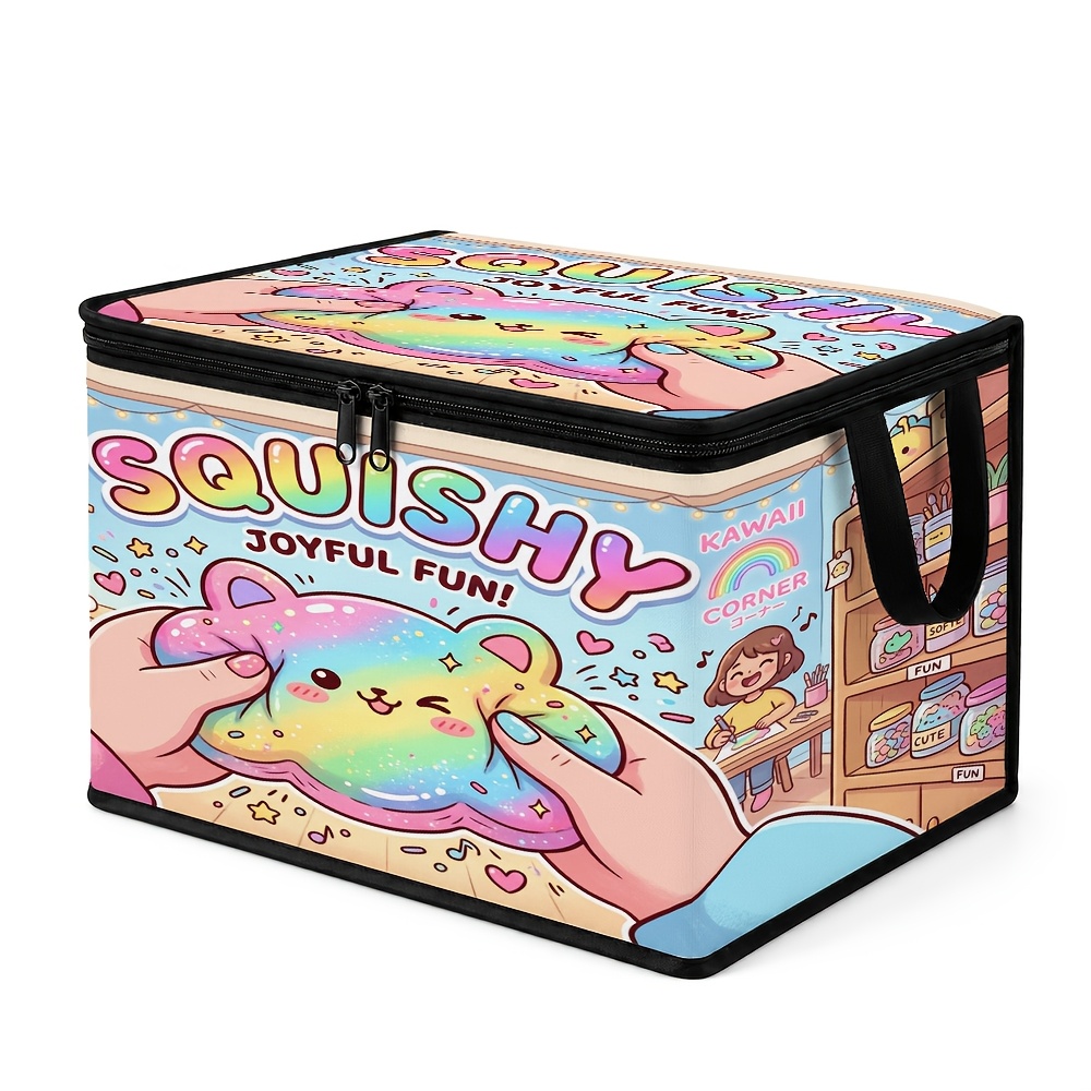 TEMU 1pc Kawaii Fantasy Large Capacity Foldable Storage Bin With Lid, Soft Fabric, ( " Fun" Pattern), Strong Zipper Organizer For Clothes, Towels And