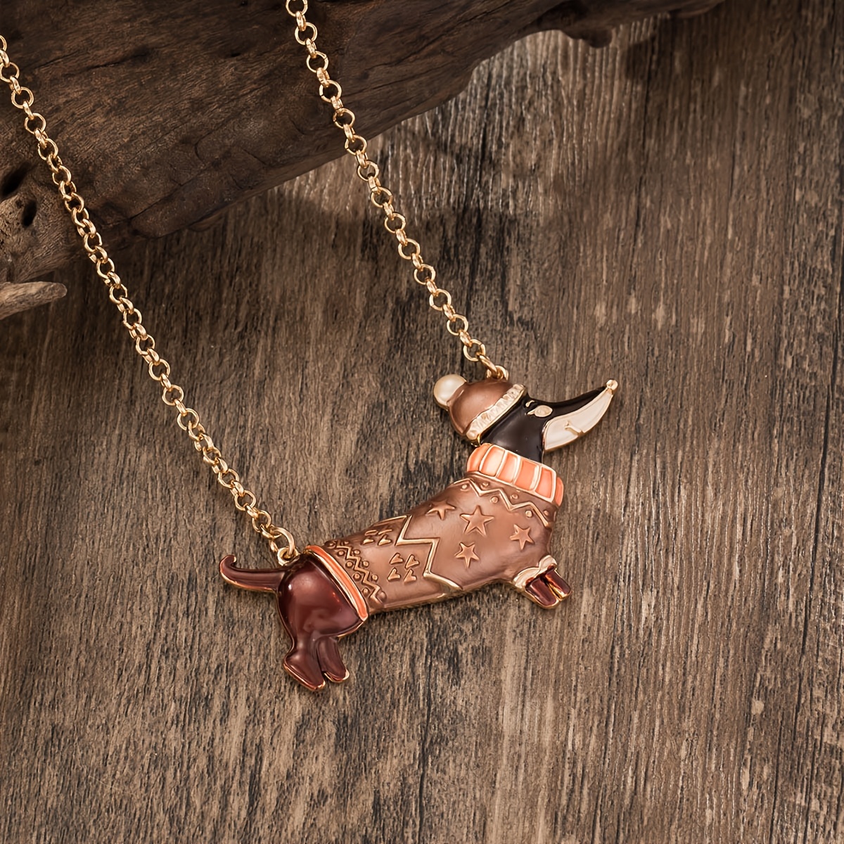 Dachshund Dog Pendant Necklace with Enamel Hat