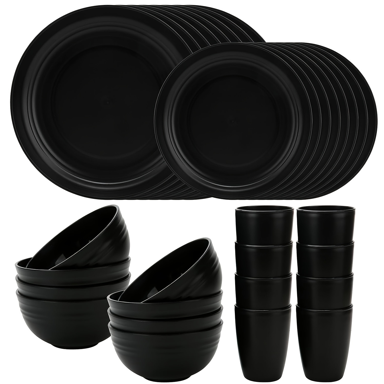 

32-piece Premium Plastic Dinnerware Set, Solid Pattern, Round Shape, Holiday Theme, Reusable Utensils, Microwave And Dishwasher Safe, Black Plates, Bowls, Cups For Indoor/outdoor Camping