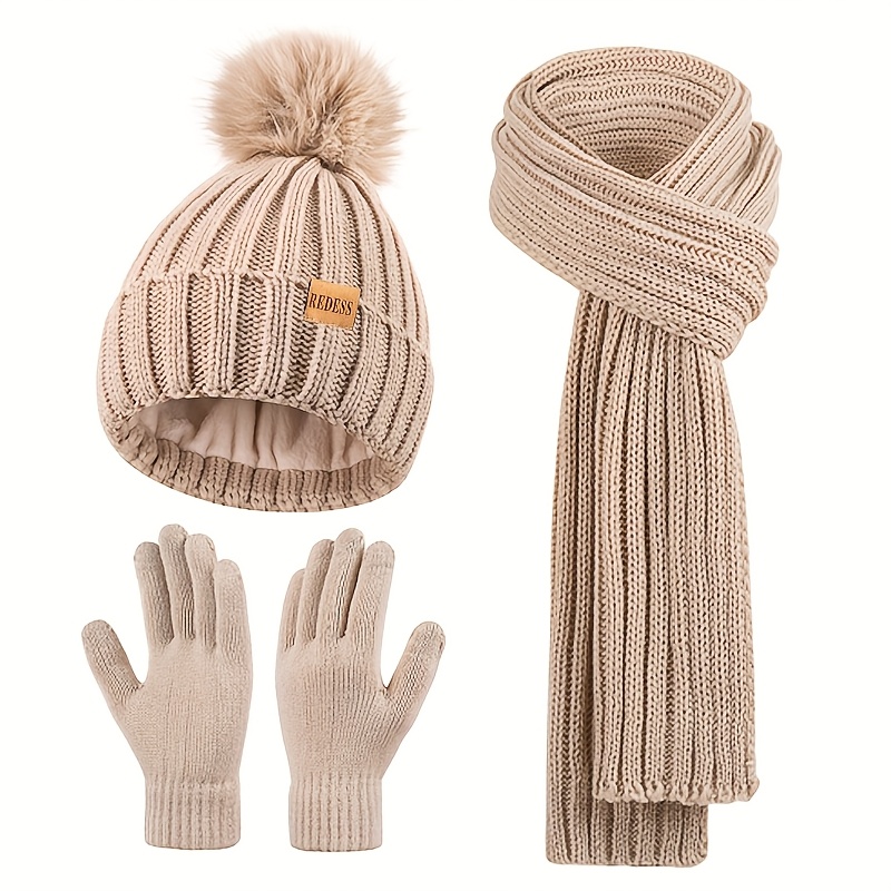 TEMU Winter Women's Hat, Scarf, And Gloves Set, Knitted Scarf And Touchscreen Gloves Suitable For Cold Weather, Perfect Christmas Gift For Women,