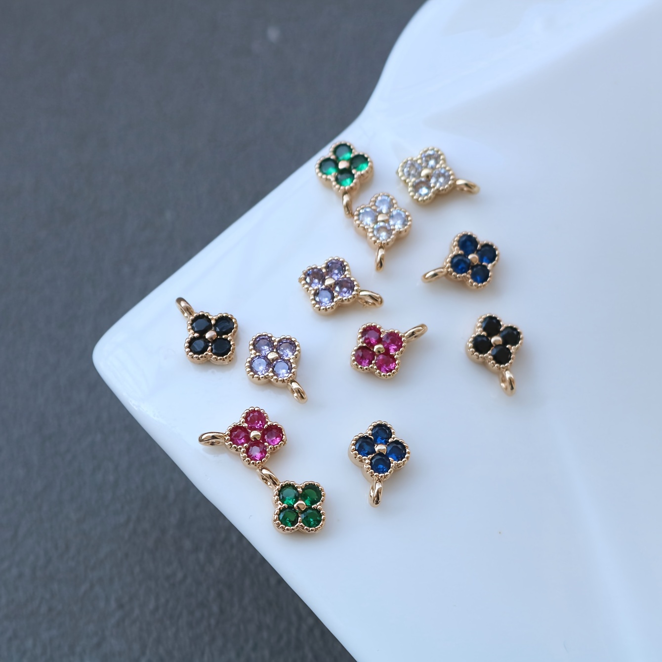 

12pcs Clover Flower Charms With Cubic Zirconia, Assorted Colors, Diy Jewelry Making Supplies For Bracelets, Earrings, Hairpins - Copper Material