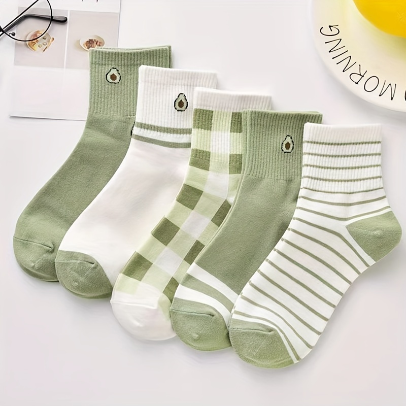 

5pcs Avocado Print Women's Ankle Socks - Soft Polyester & Spandex , Breathable Knit, Fashionable Short Socks For Casual Attire