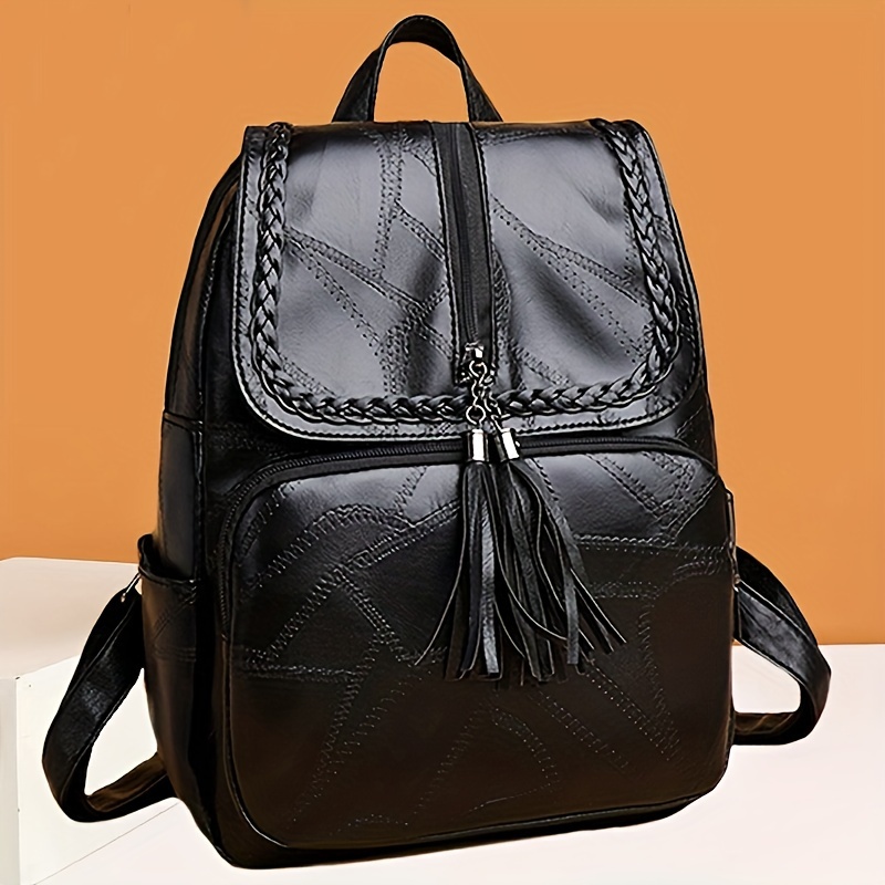 

Casual Pu Leather Backpack With Tassel Detail - Lightweight Fashion Daypack For Women With Adjustable Straps, Zip Closure, Polyester Lining, And No Print Design For Travel And Everyday Use