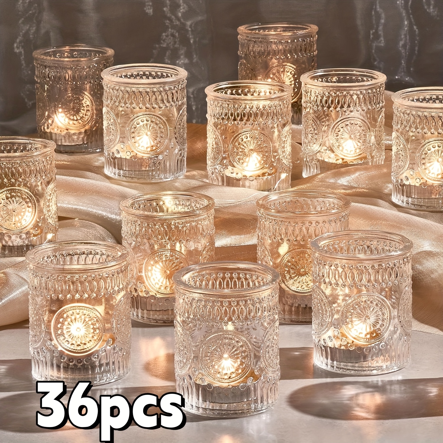 4/12/24/36pcs Transparent Floral Pattern Wish Tea Light Candle Holders, Glass Votive Candle Holders, Suitable For Table Centerpieces, Christmas, Home Decor, And Party Supplies