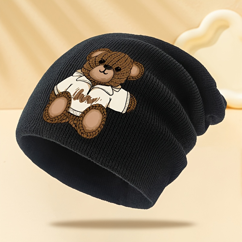 TEMU A Stylish Printed White Bear Knit Hat, Unisex Cold Weather Beanie For Autumn And Winter, Holiday Party Hip-hop Brimless Cap, Outdoor Casual