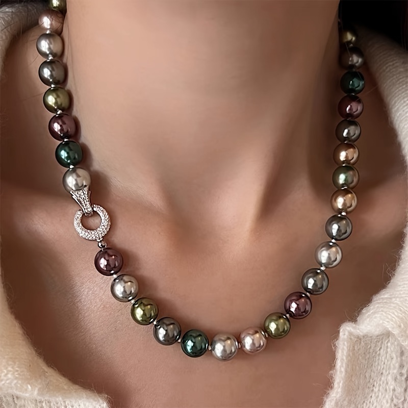 

10mm Mixed Color Luxury Pearl Necklace For Women, Vintage , April Birthstone, Synthetic Bead Material, And Gift-, Suitable For Lunar New Year, Accessory