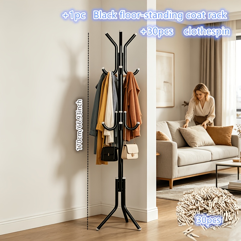 TEMU 31pcs Indoor Black Coat Rack Set, Metal Coat Rack With 9 Hooks And Strong Load-bearing Capacity. Includes 30 Clothespins, Perfect For Organizing