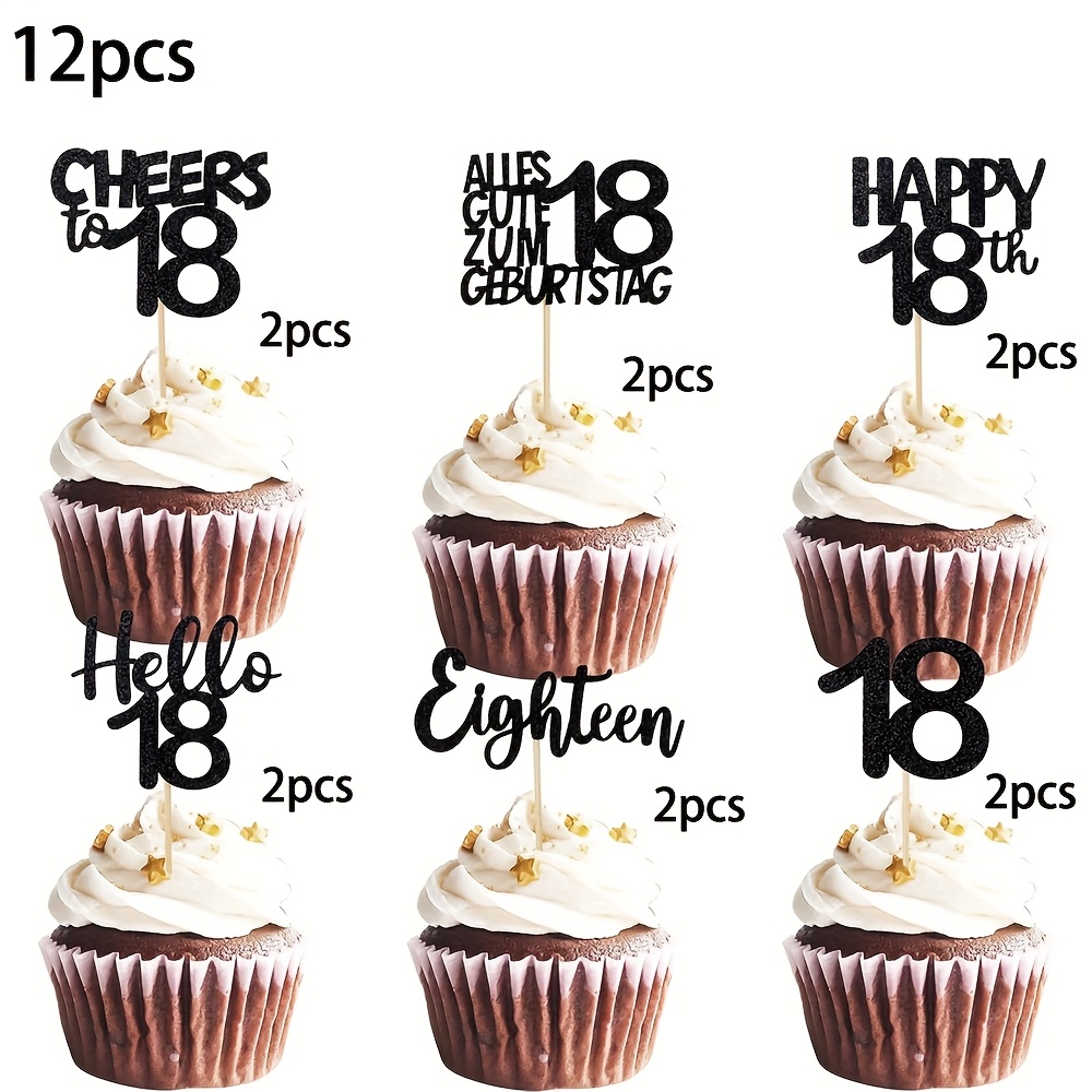 12pcs/24pcs Cupcake Toppers 18th Birthday Muffin Decoration 18th Birthday, Black Glitter Cupcake Decoration 18th Birthday Decoration, Happy 18th Cake Decoration 18th Birthday