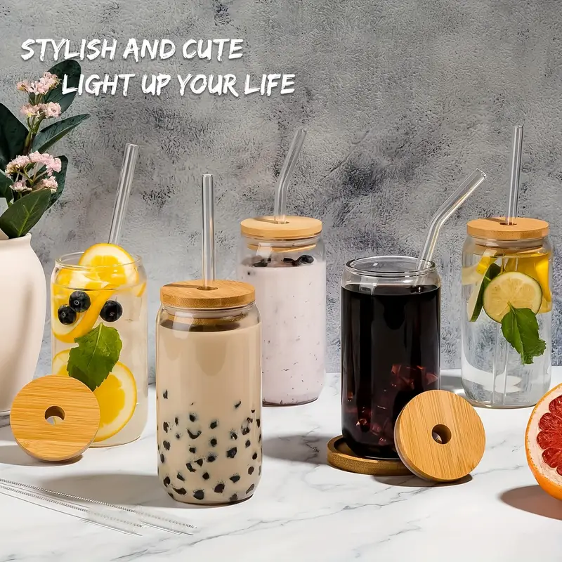 glass cups with bamboo lids and straws 8 set 16 oz reusable iced coffee cup beer can drinking jars for smoothie boba soda tea gift glass coffee cups cleaning brushes Product details 6