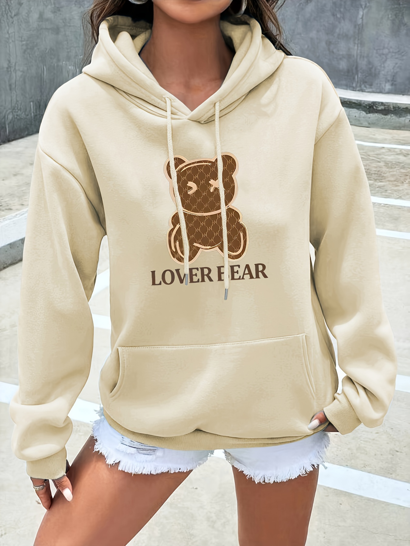 Women's Casual Oversized Hoodie with Teddy Bear Print, 100% Polyester Knit  Fabric, Long Sleeve Pullover with Drawstring Hood, Kangaroo Pocket, Ribbed 
