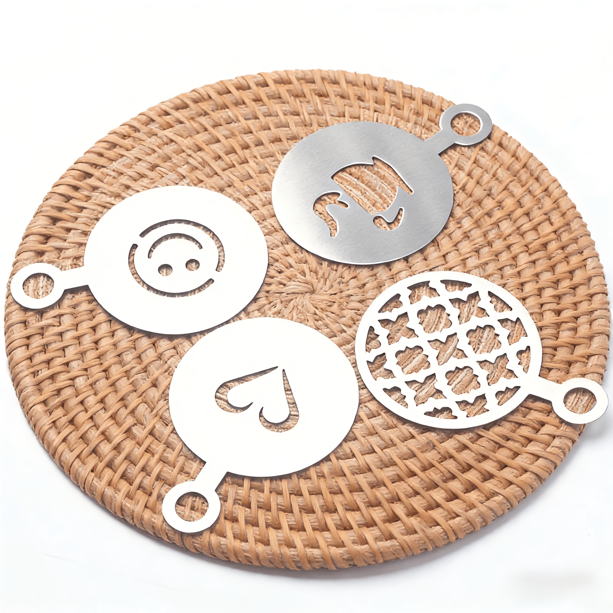 TEMU 4pcs Art Stencil Set, Stainless Steel Coffee Powder Printing Mold Kit With Creative Cartoon Heart And Face , Universal Decorative Tool For Home