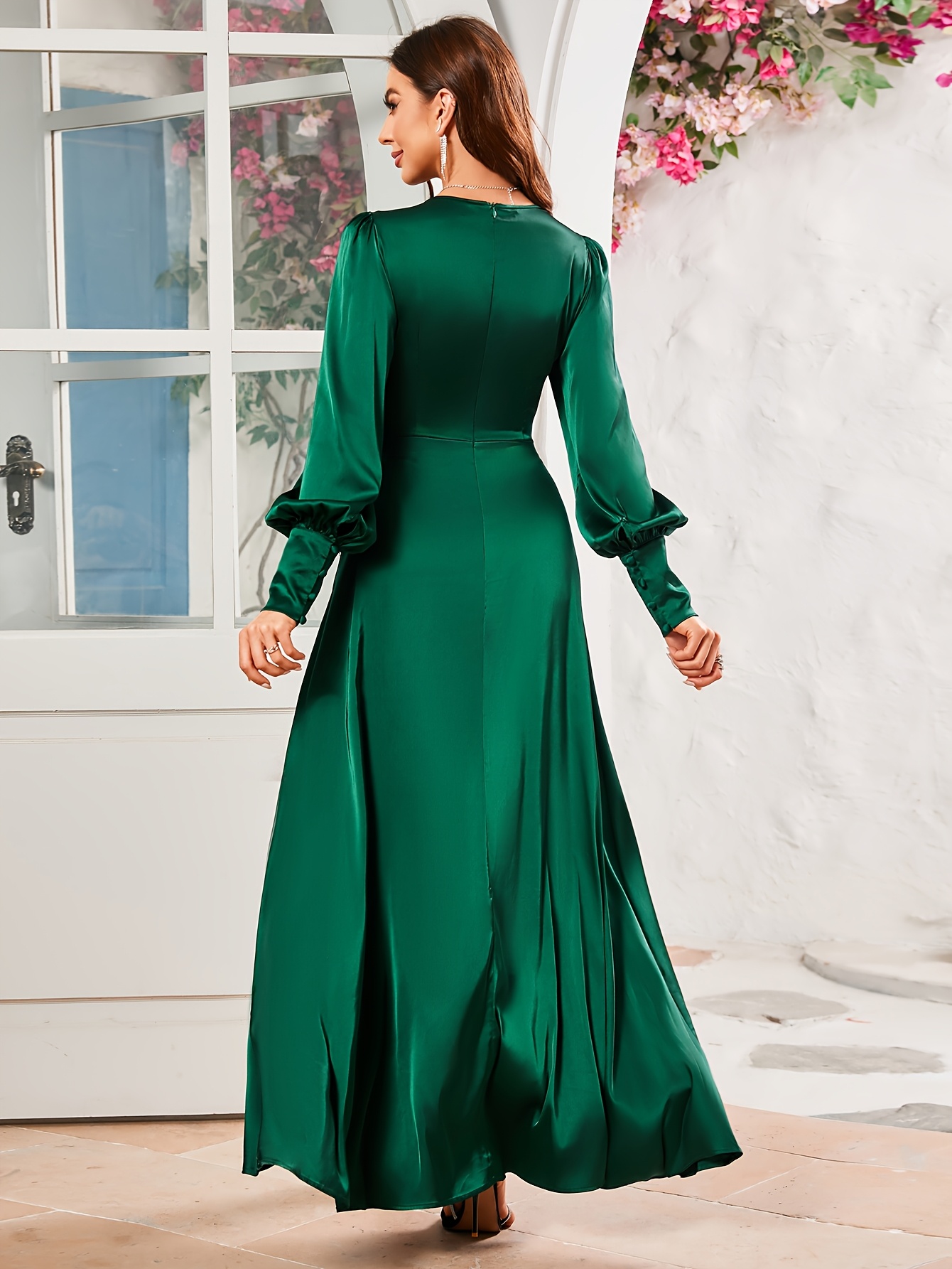 v neck lantern sleeve high slit solid satin flowy flared